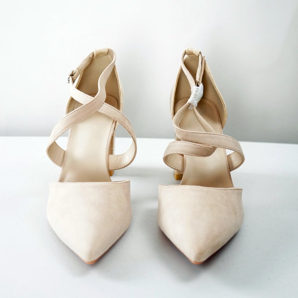 Eileency Chunky Heel Pointed Toe Nude Cross Strap Pumps - Picture 2 of 7